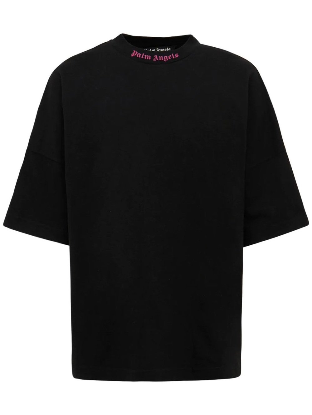 Palm Angels Black T-Shirt with Pink Neck Logo